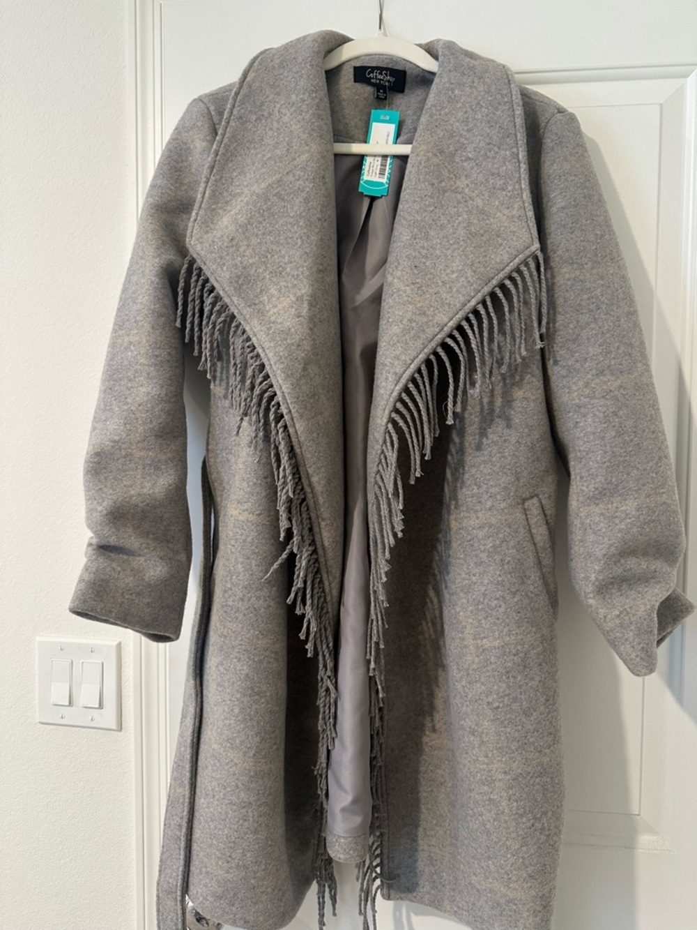 CoffeeShop Frindge Wool Like Blend Gray Plaid Coat - NWT - Picture 4 of 4
